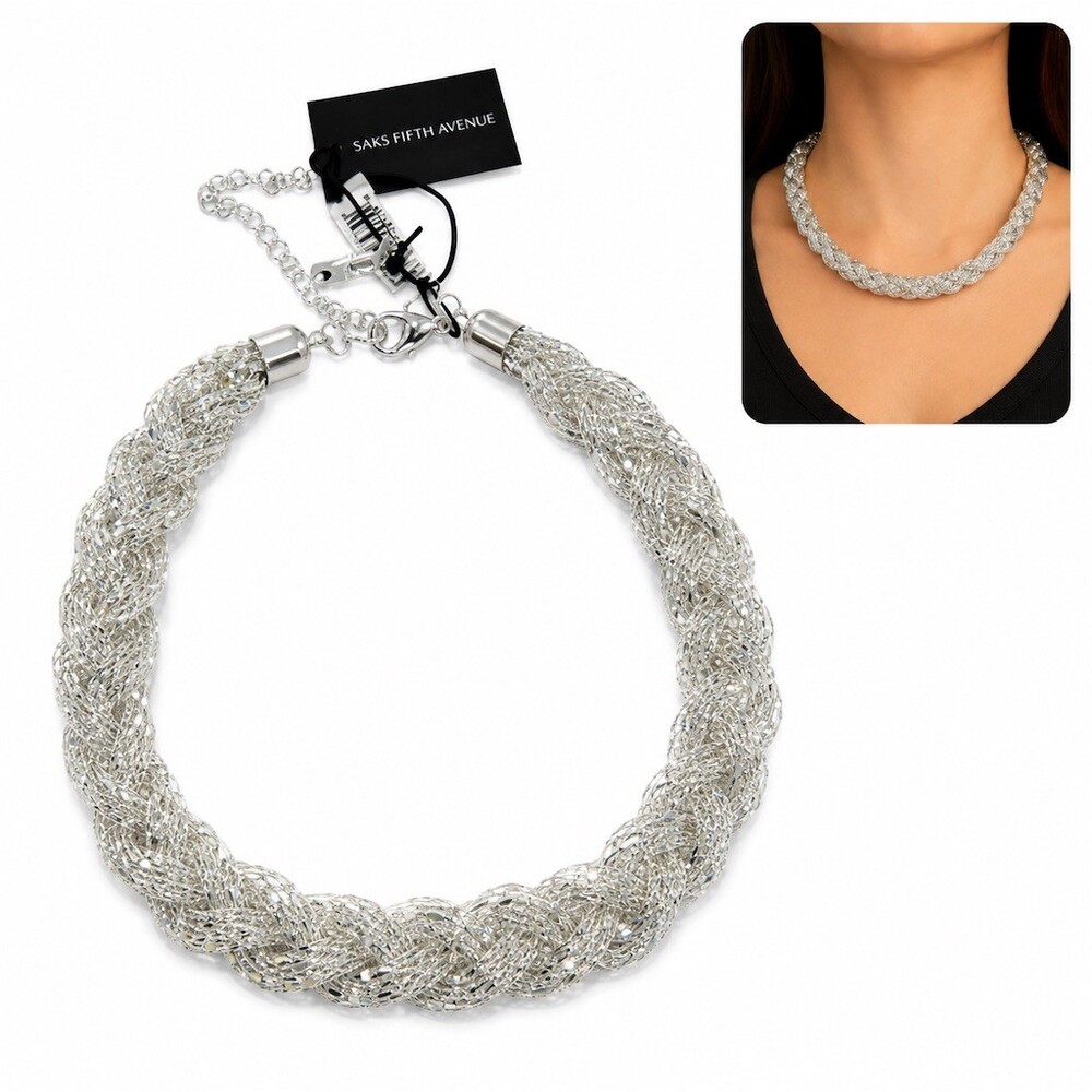 Saks Fifth Avenue Statement Rope Necklace Silver Tone Braided Mesh chunky gift
